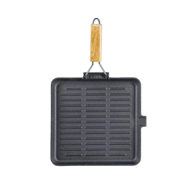 Grillpan gietijzer met opvouwbaar houten handvat, 28x28 cm - Gietijzeren pan