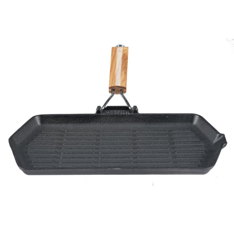 Grillpan gietijzer met opvouwbaar houten handvat, 35x21 cm - 