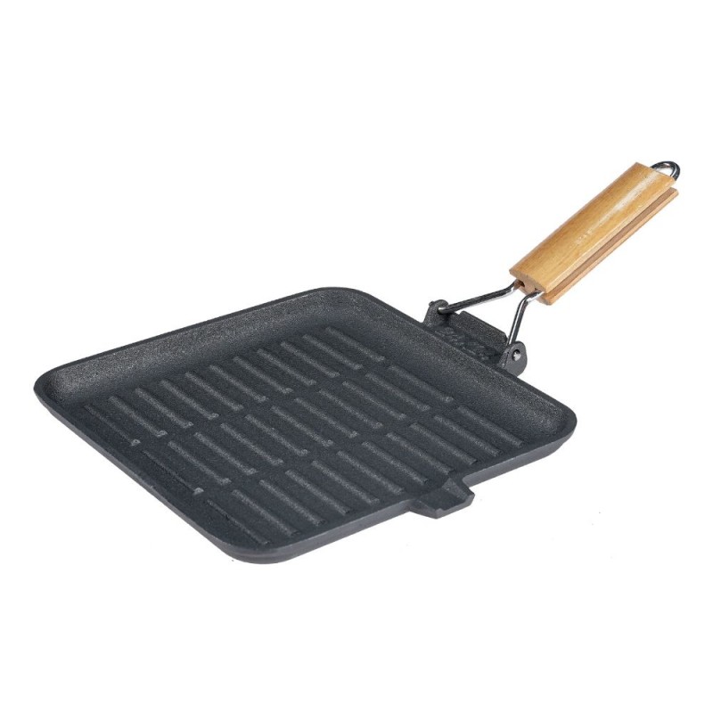 Grillpan gietijzer met opvouwbaar houten handvat, 28x28 cm - Gietijzeren pan